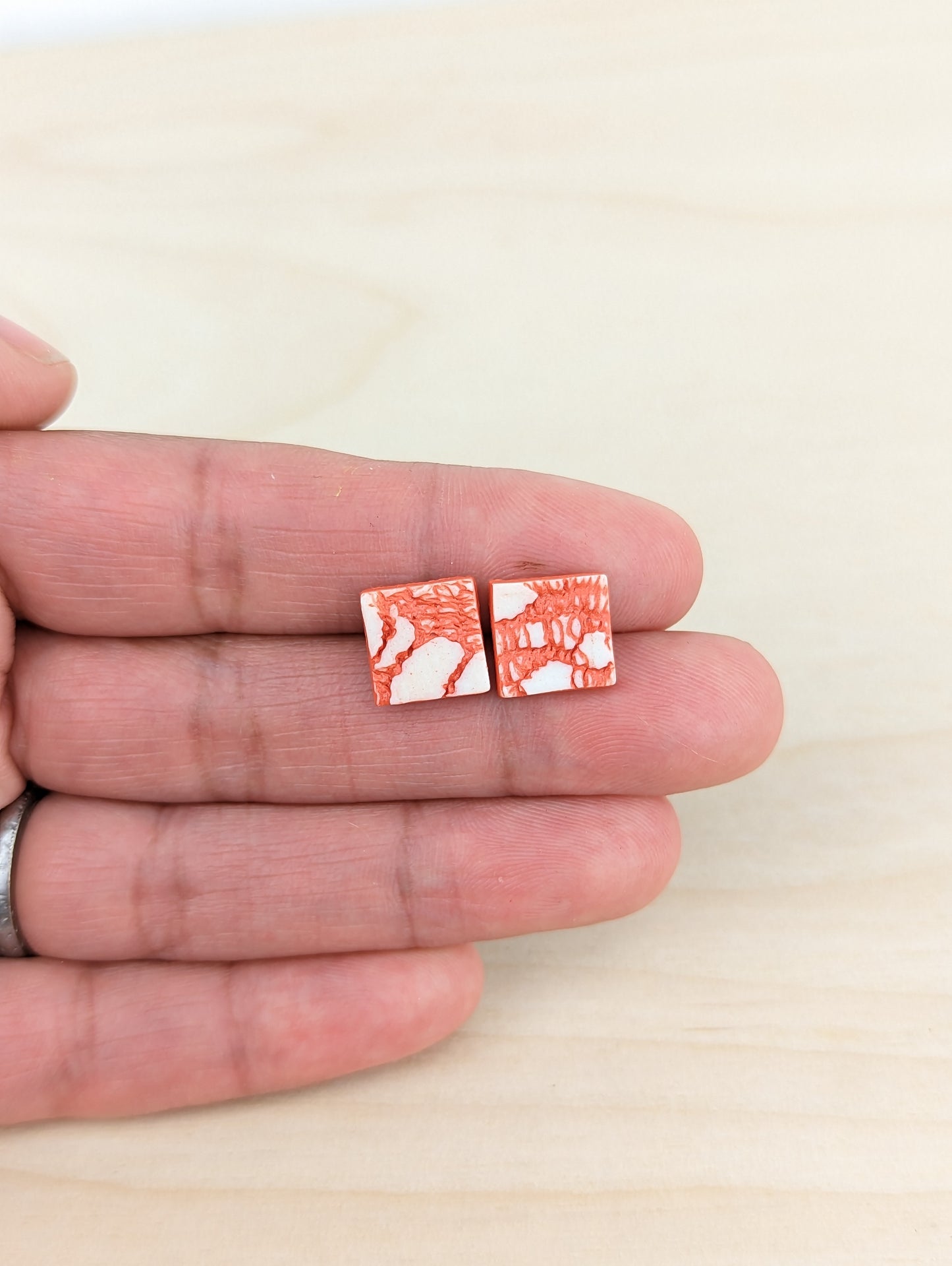 Square Neon Red and White Lace Studs