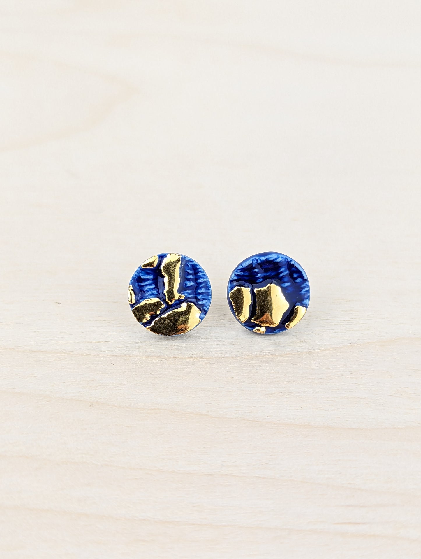 Round Blue Lace Studs with Gold Accents