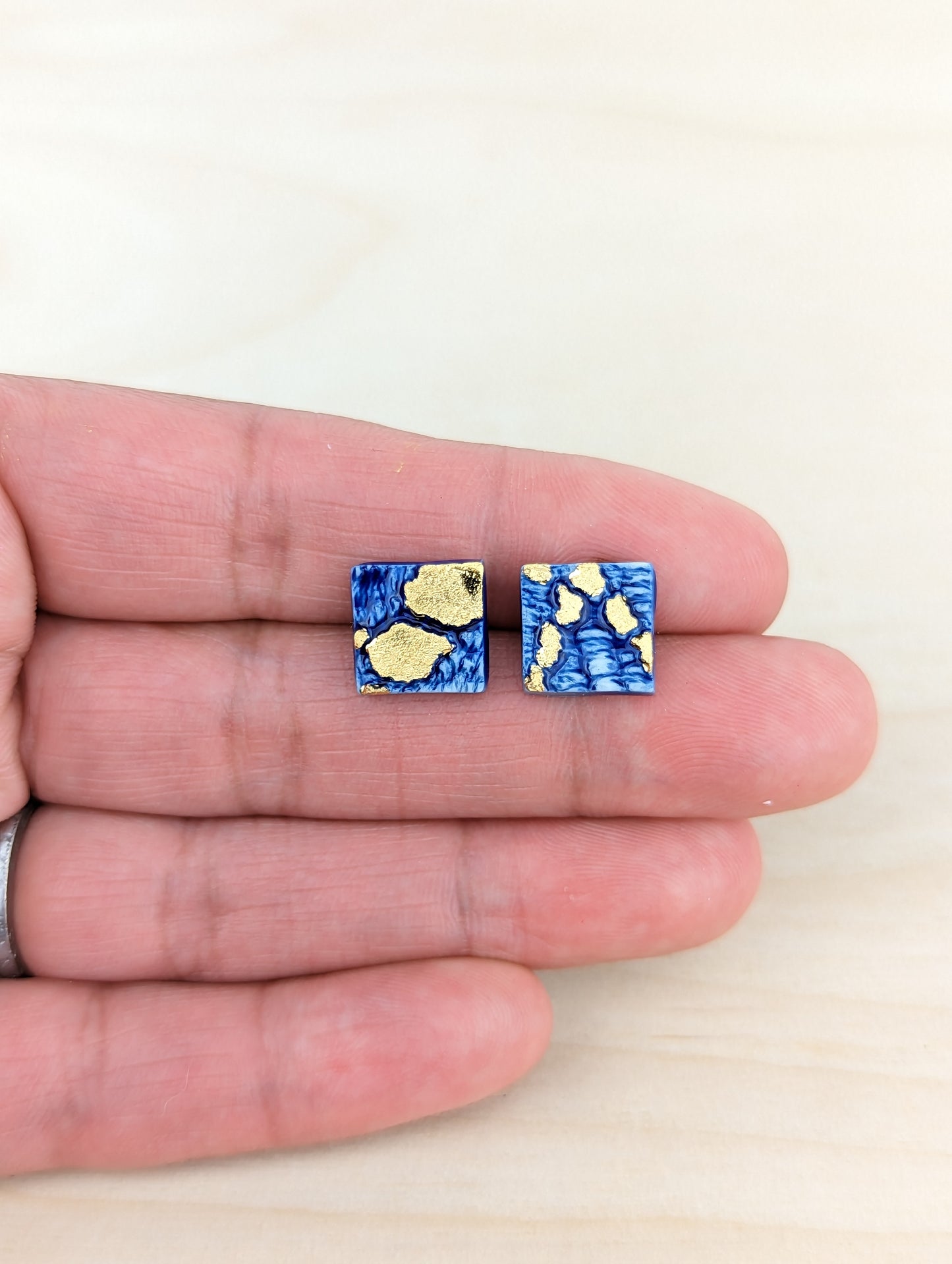 Square Blue Lace Studs with Gold Accents