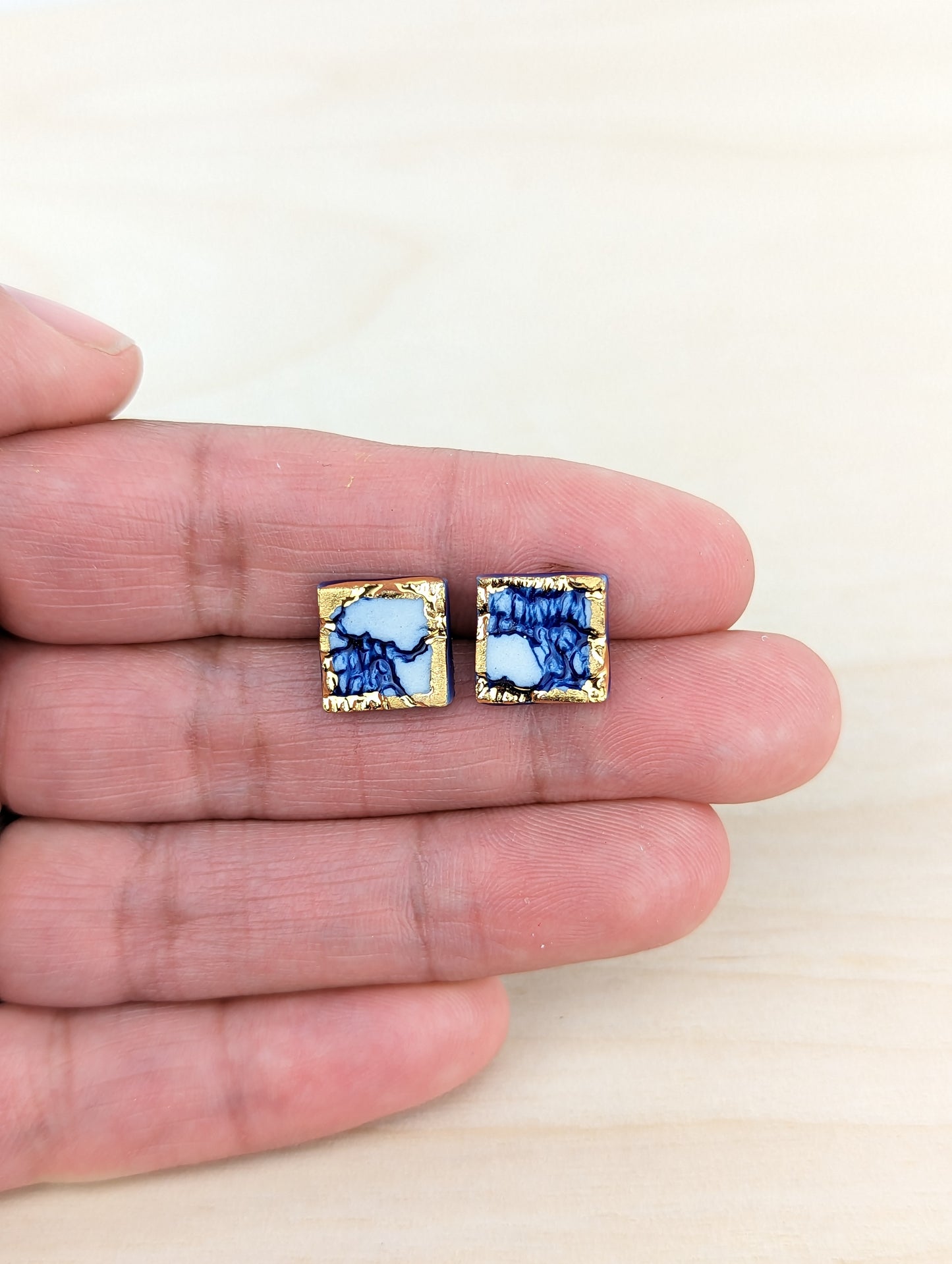 Square Cobalt Blue, White and Gold Lace Studs