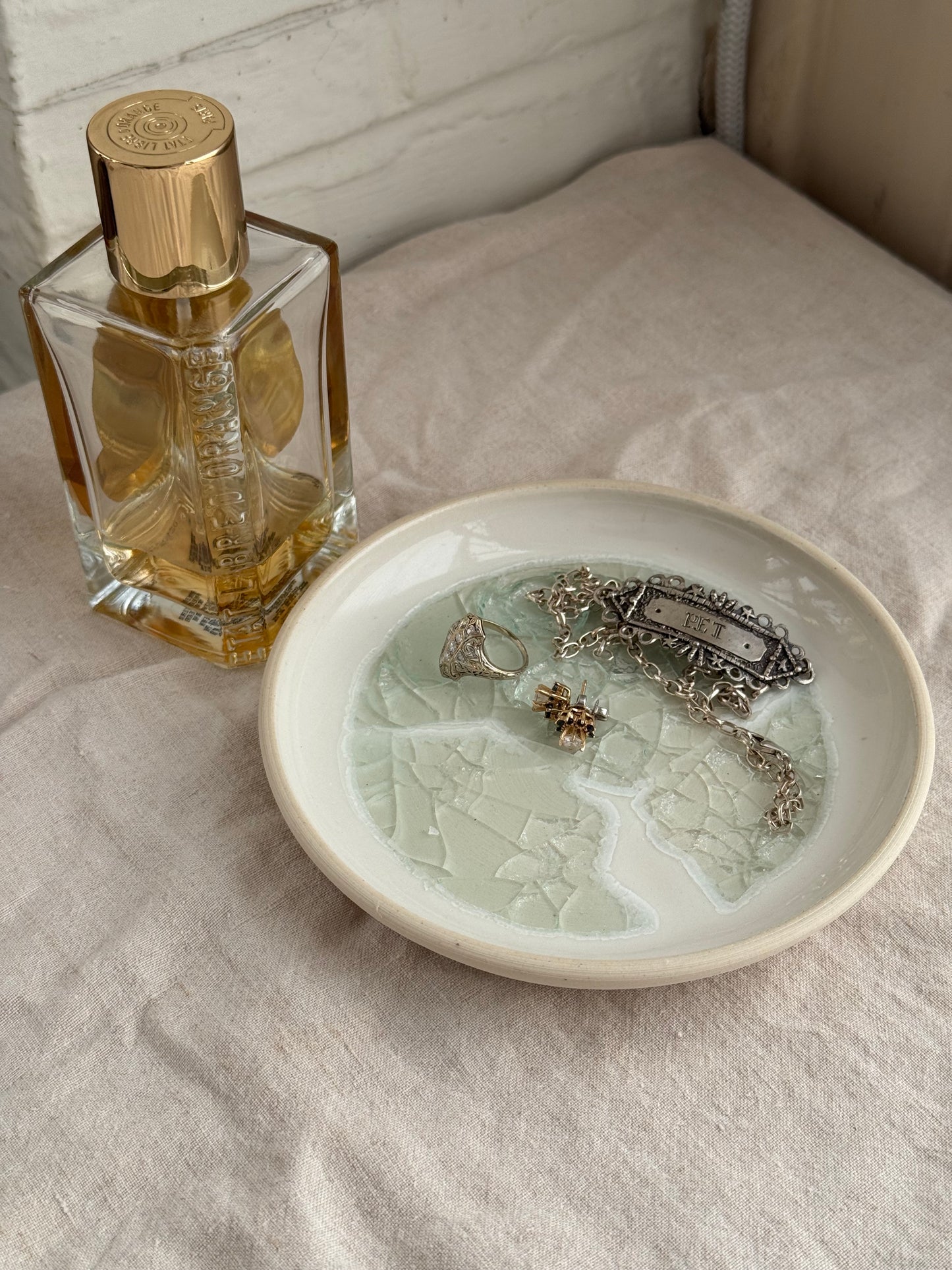 Hand Thrown White and Sea foam glass Jewlery Dish