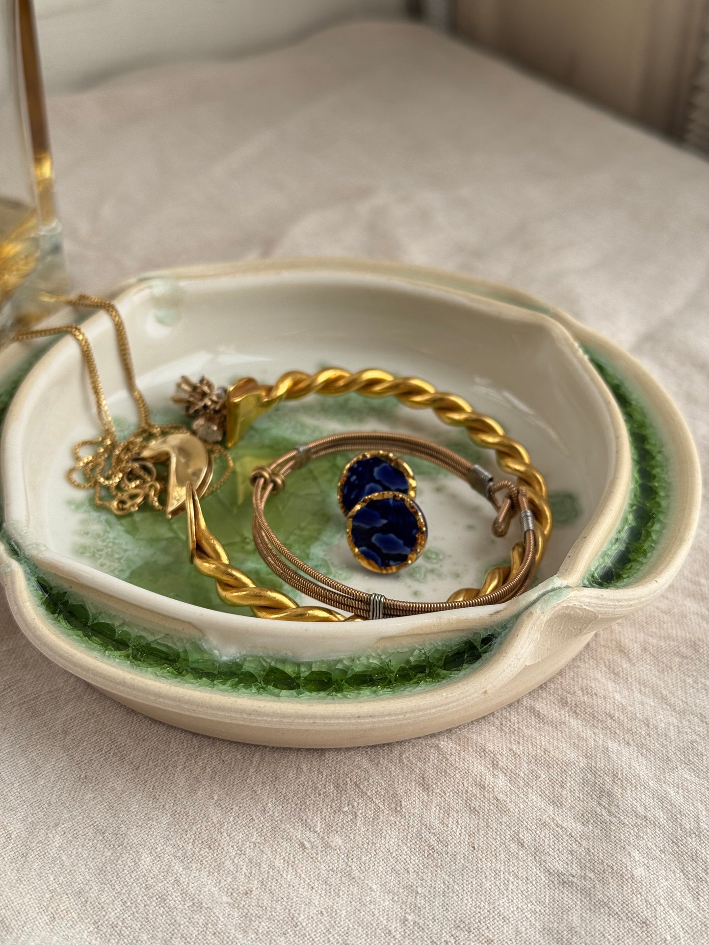 Hand Thrown White and Bright Green Jewlery Dish with Scalloped Edge