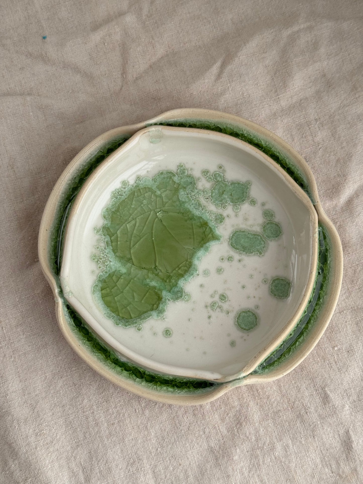 Hand Thrown White and Bright Green Jewlery Dish with Scalloped Edge