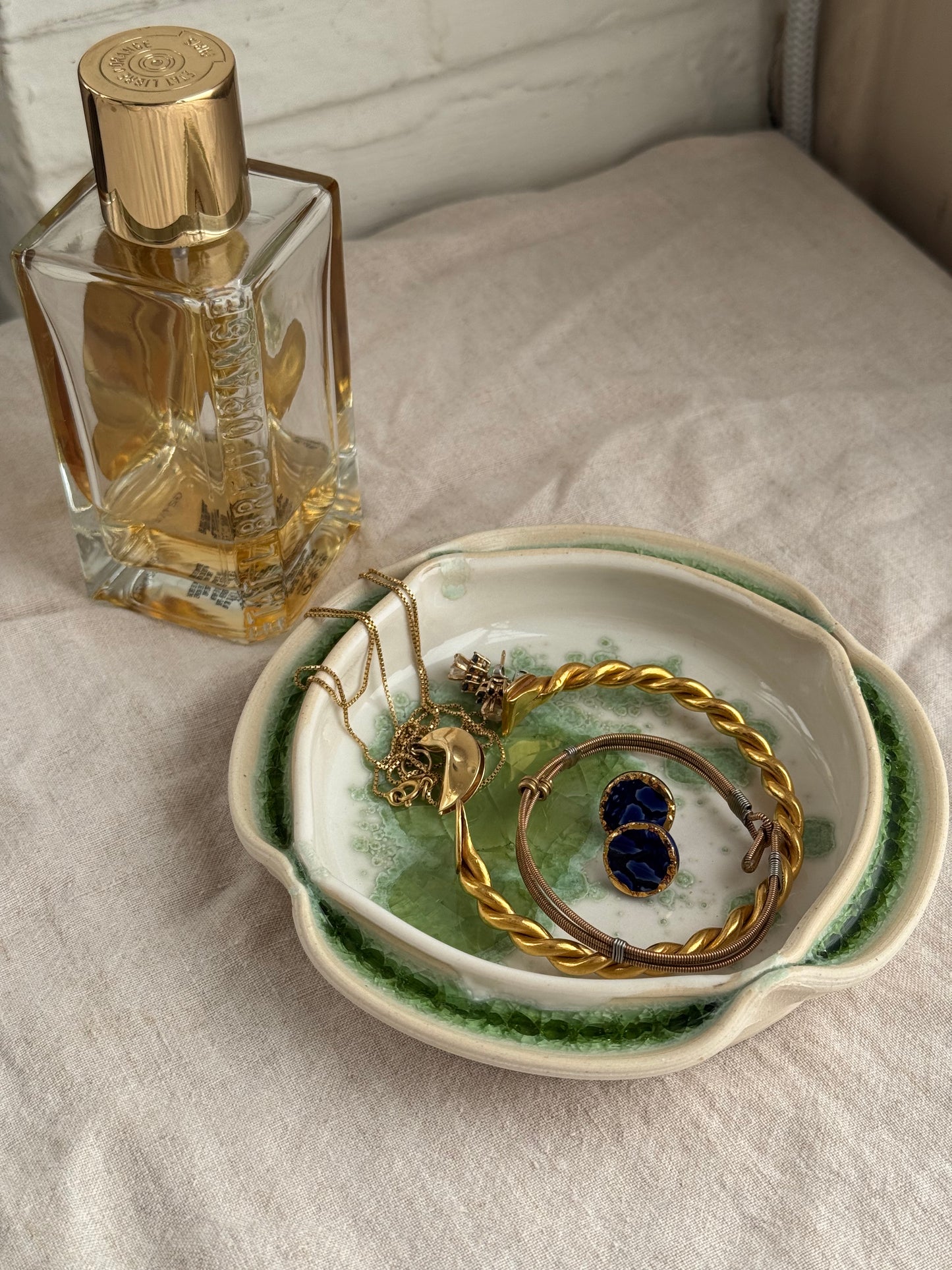 Hand Thrown White and Bright Green Jewlery Dish with Scalloped Edge