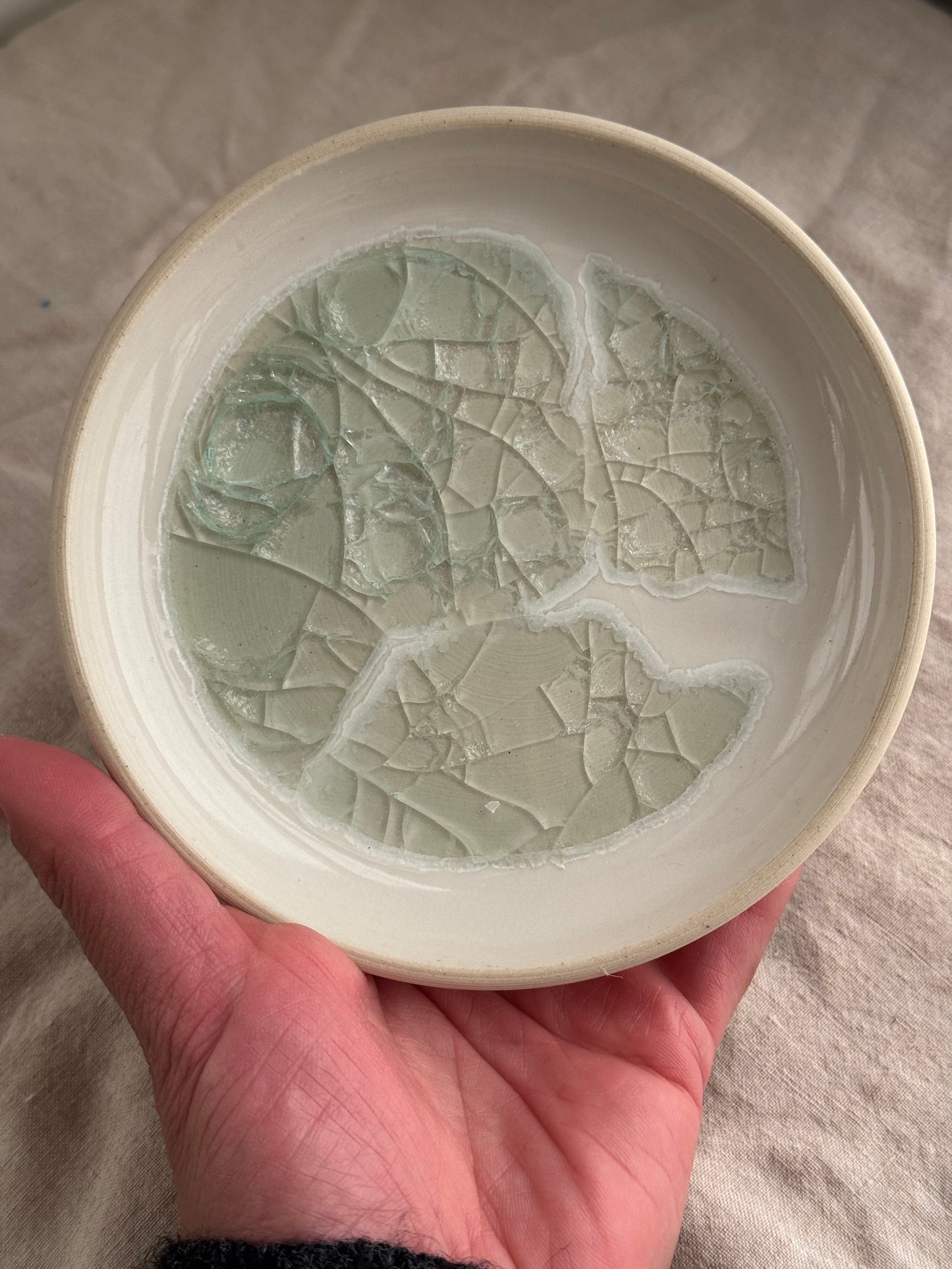 Hand Thrown White and Sea foam glass Jewlery Dish