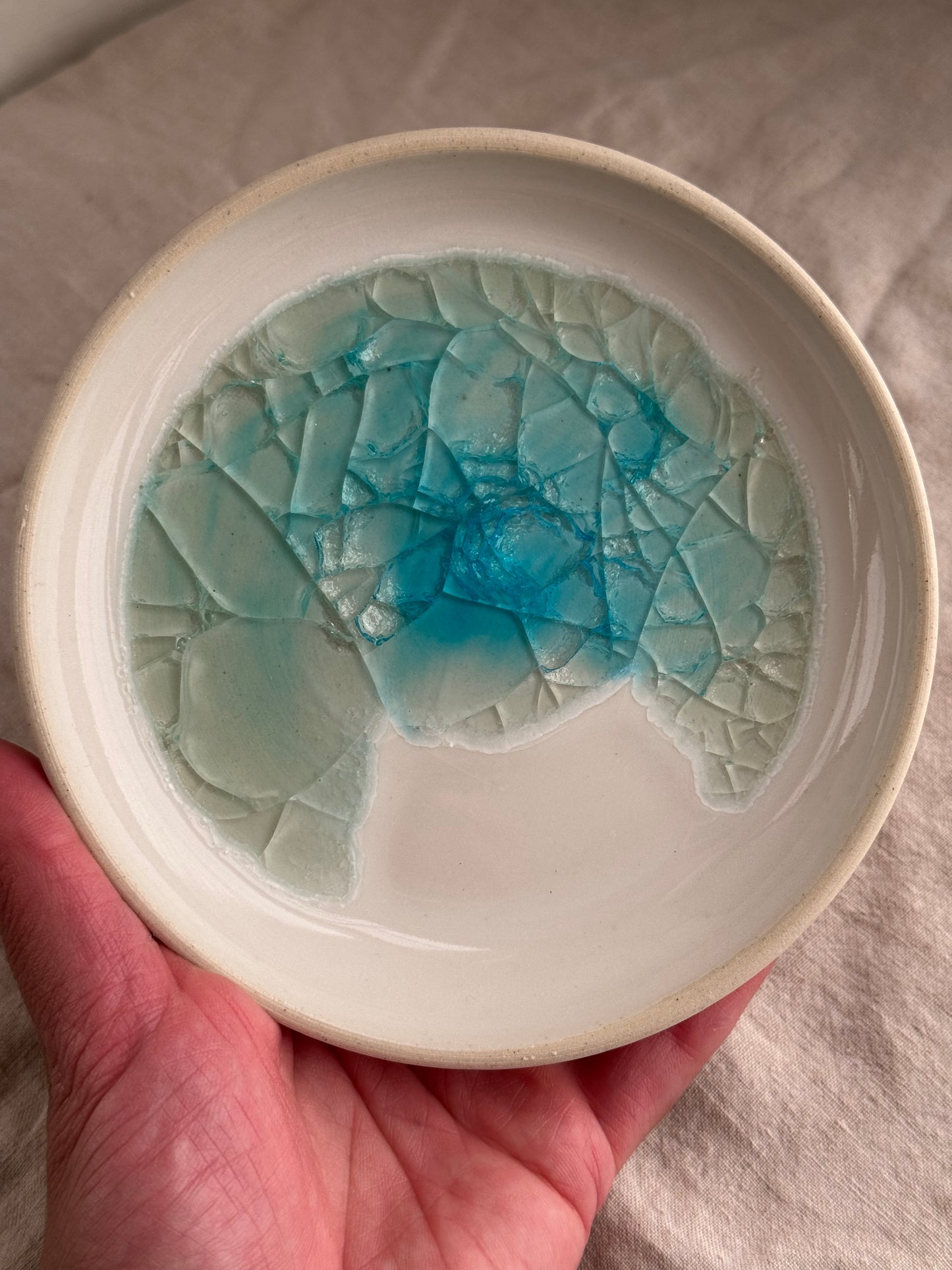 Hand Thrown White and aqua glass Jewlery Dish