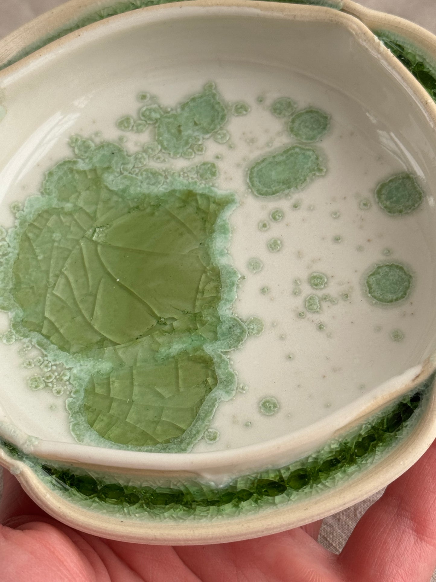 Hand Thrown White and Bright Green Jewlery Dish with Scalloped Edge