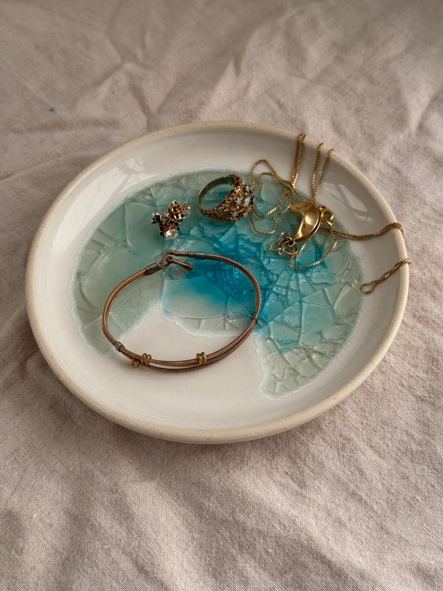Hand Thrown White and aqua glass Jewlery Dish