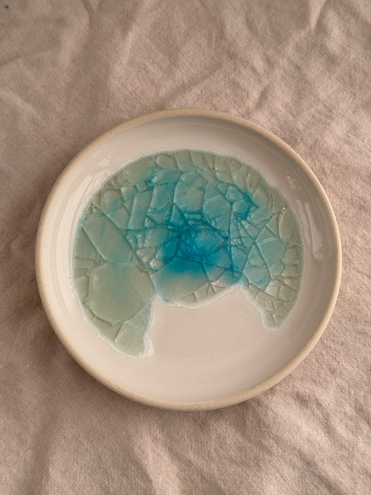 Hand Thrown White and aqua glass Jewlery Dish