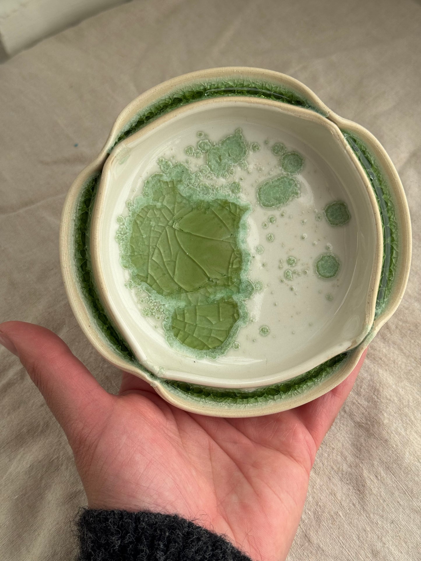 Hand Thrown White and Bright Green Jewlery Dish with Scalloped Edge