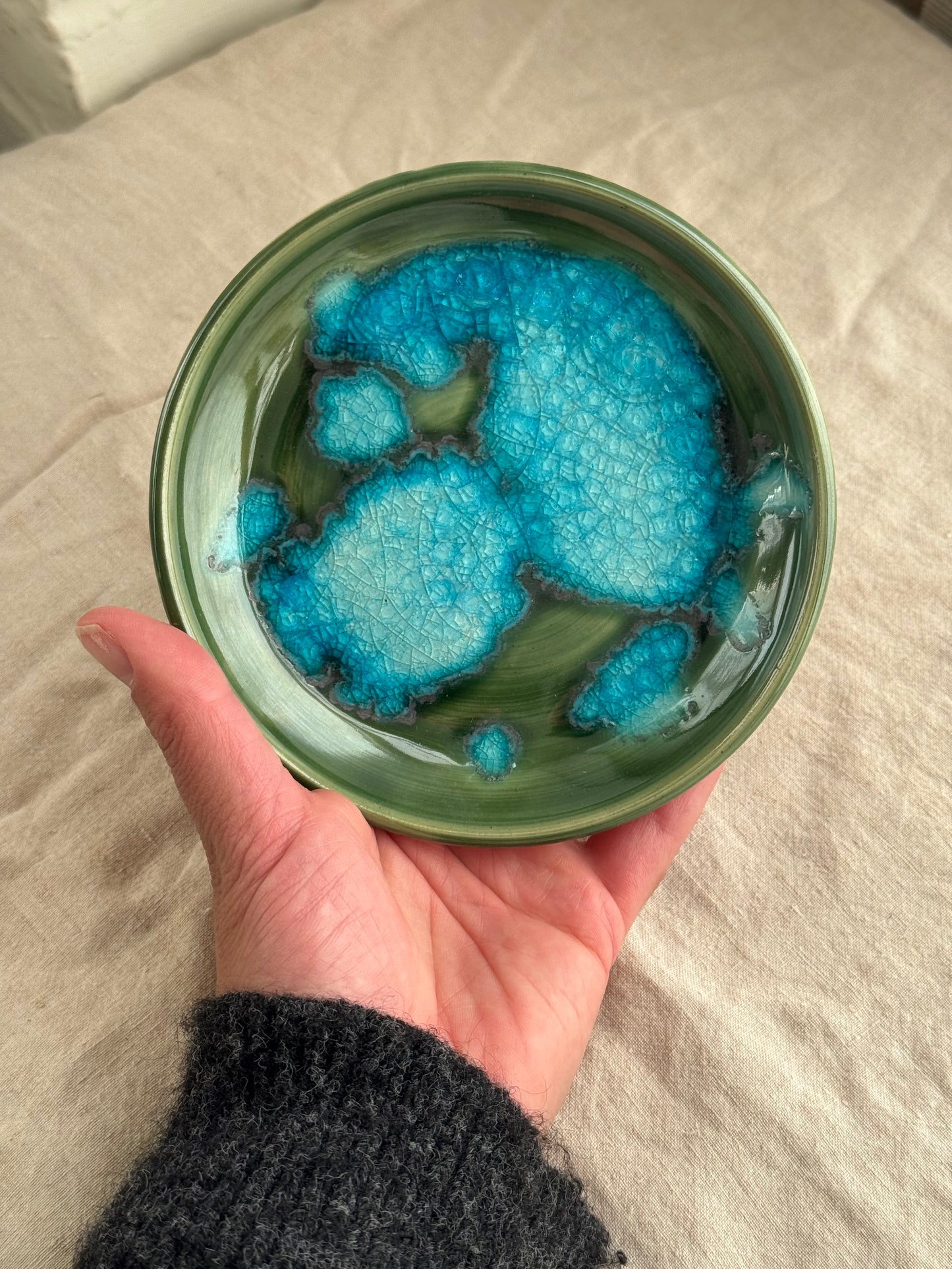 Hand Thrown Green and aqua glass Jewlery Dish