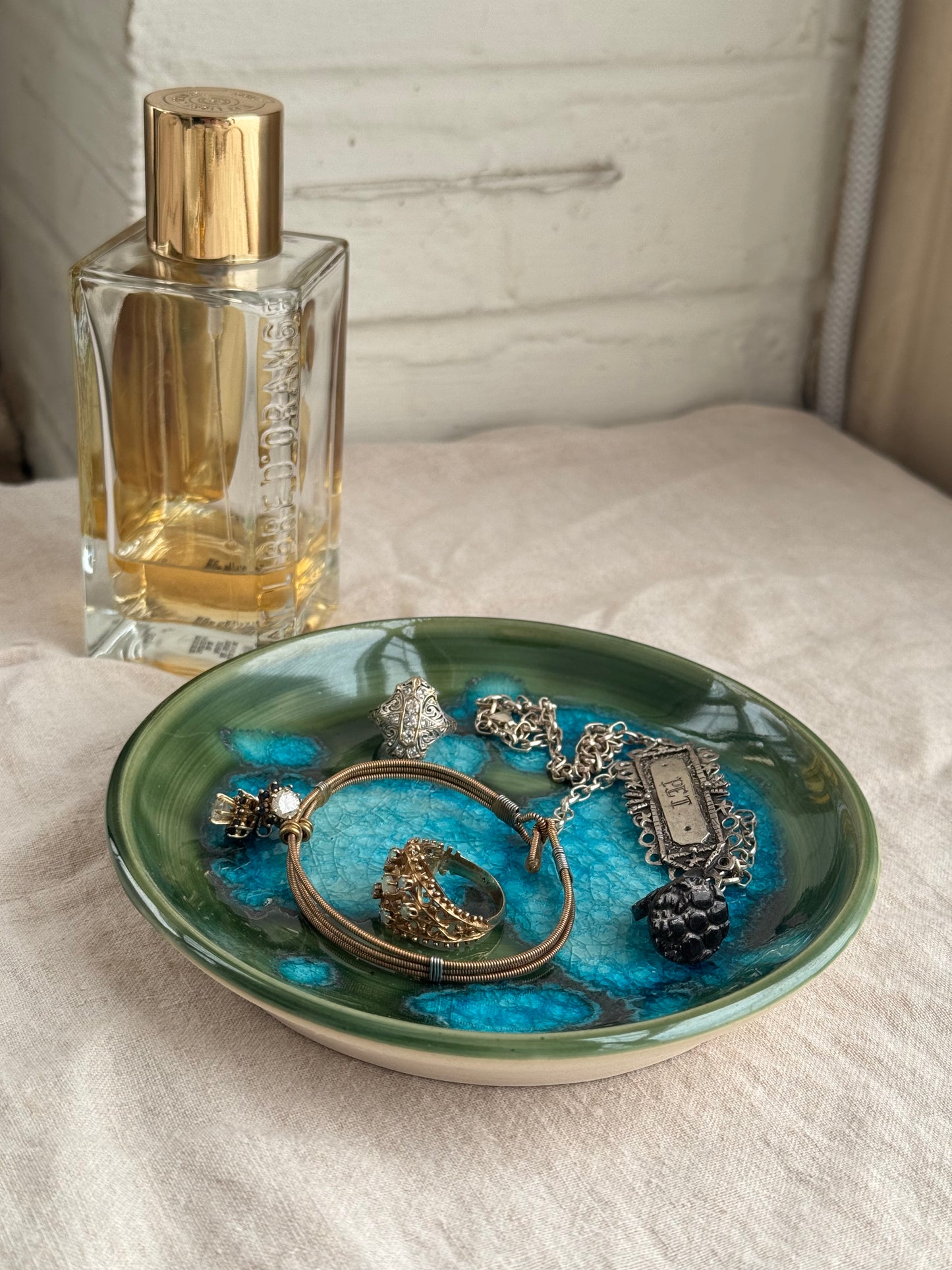 Hand Thrown Green and aqua glass Jewlery Dish