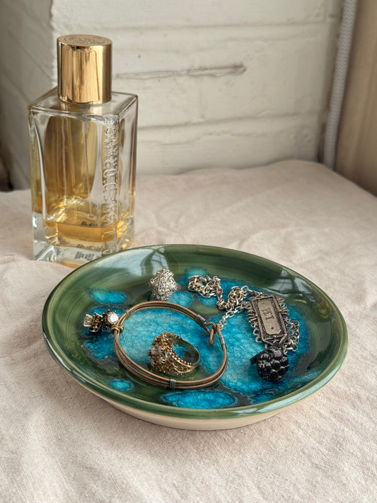 Hand Thrown Green and aqua glass Jewlery Dish