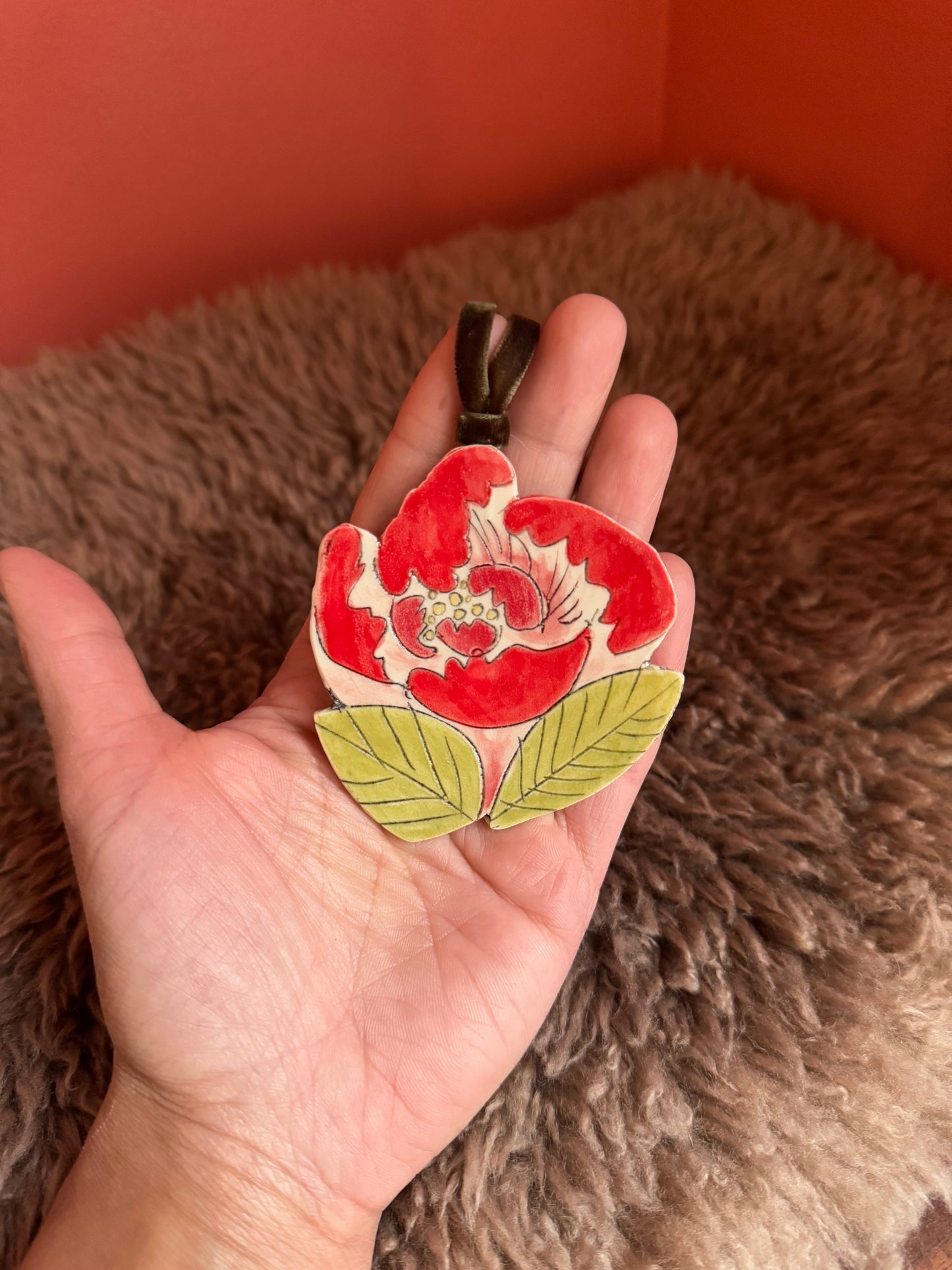 Hand Carved and Glazed Flower Ornament