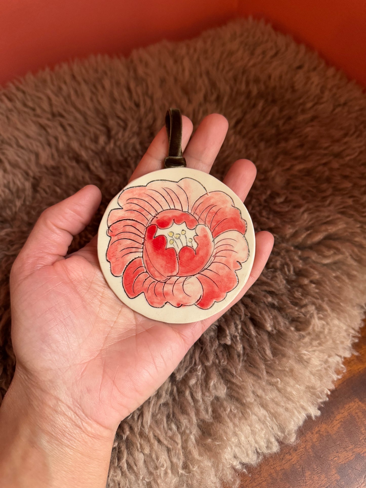 Hand Carved and Glazed Flower Ornament