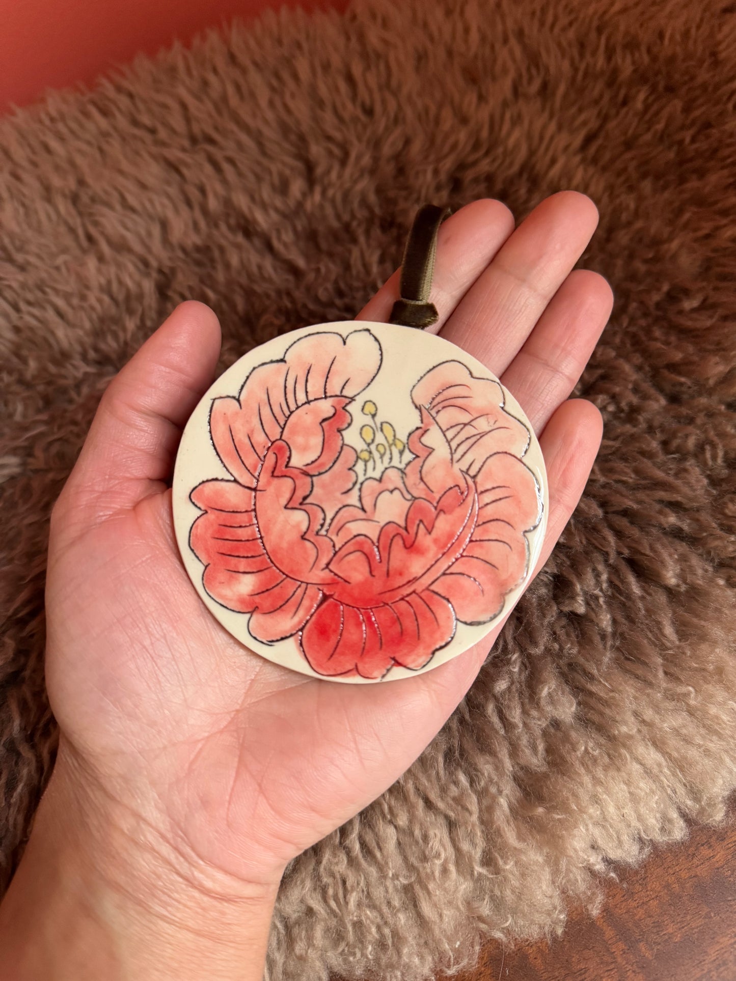 Hand Carved and Glazed Flower Ornament