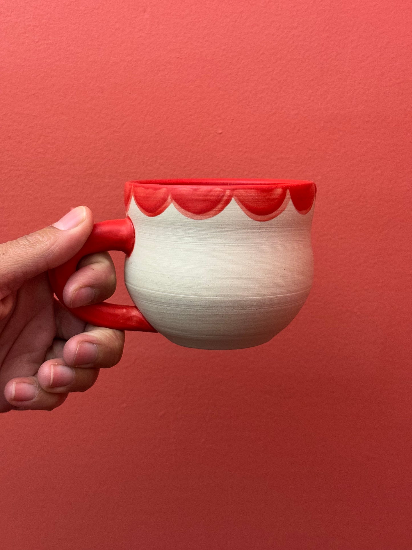 White mug with Neon Red Inside Handle and Petal Colar