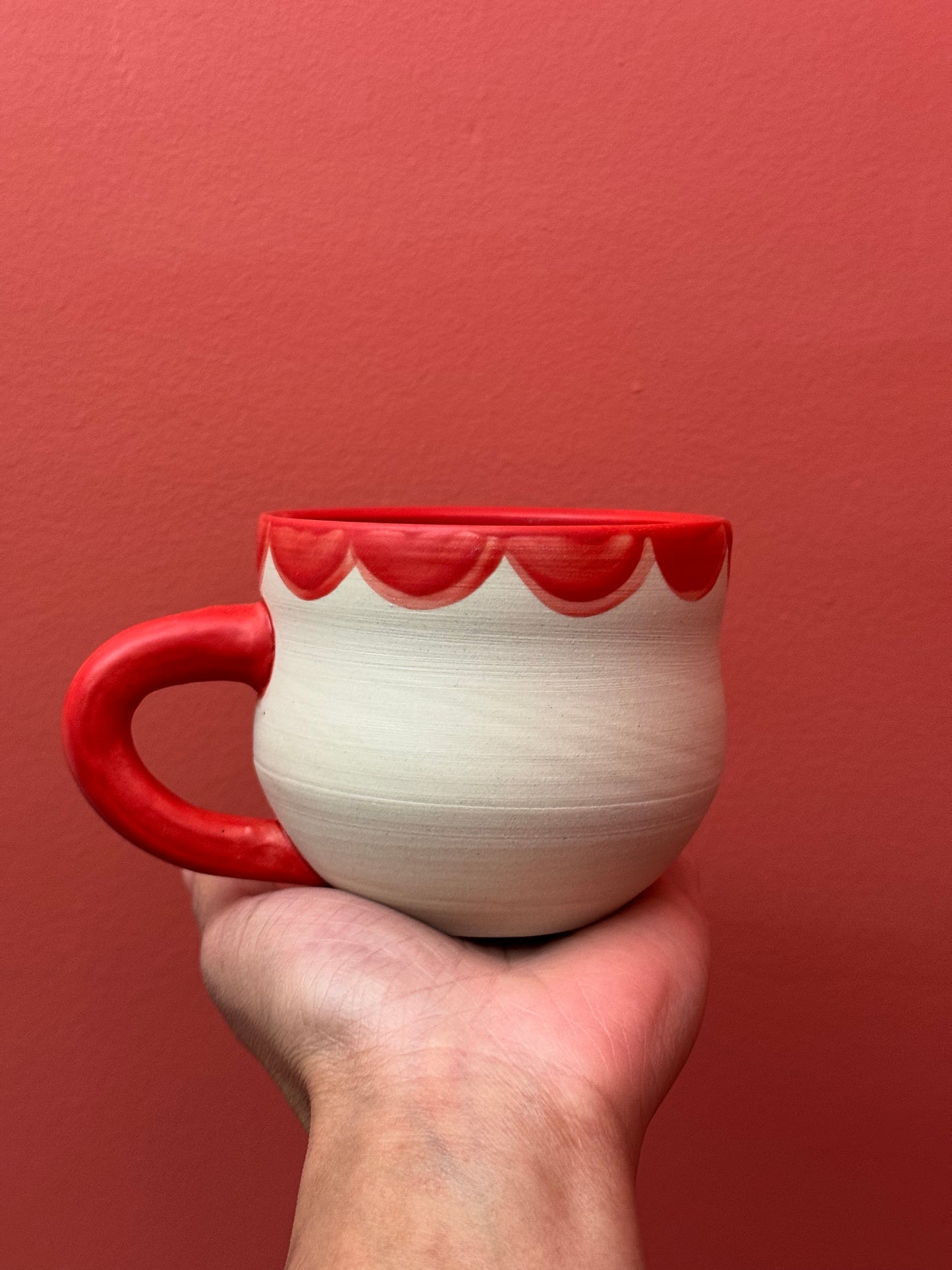 White mug with Neon Red Inside Handle and Petal Colar