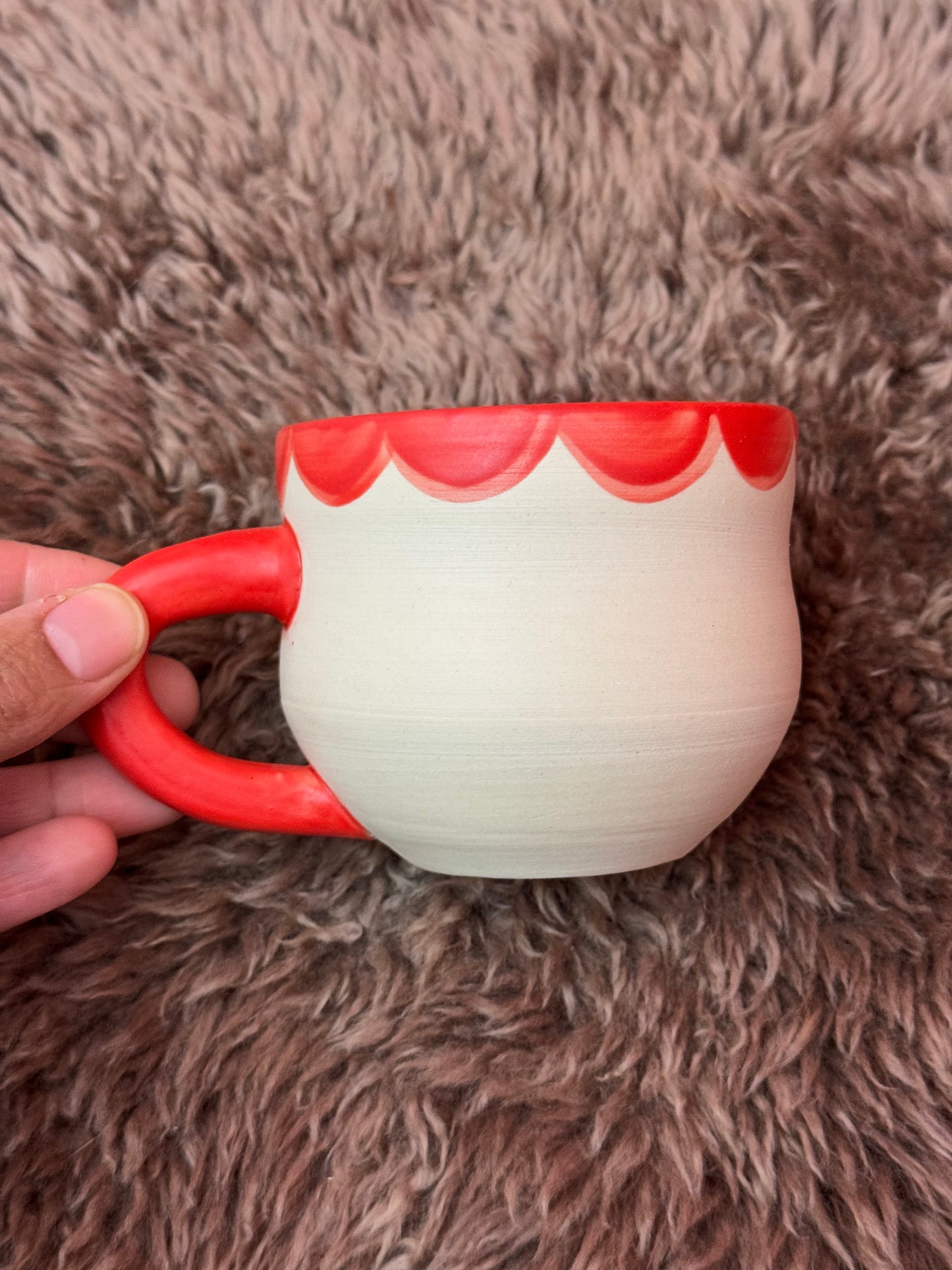 White mug with Neon Red Inside Handle and Petal Colar