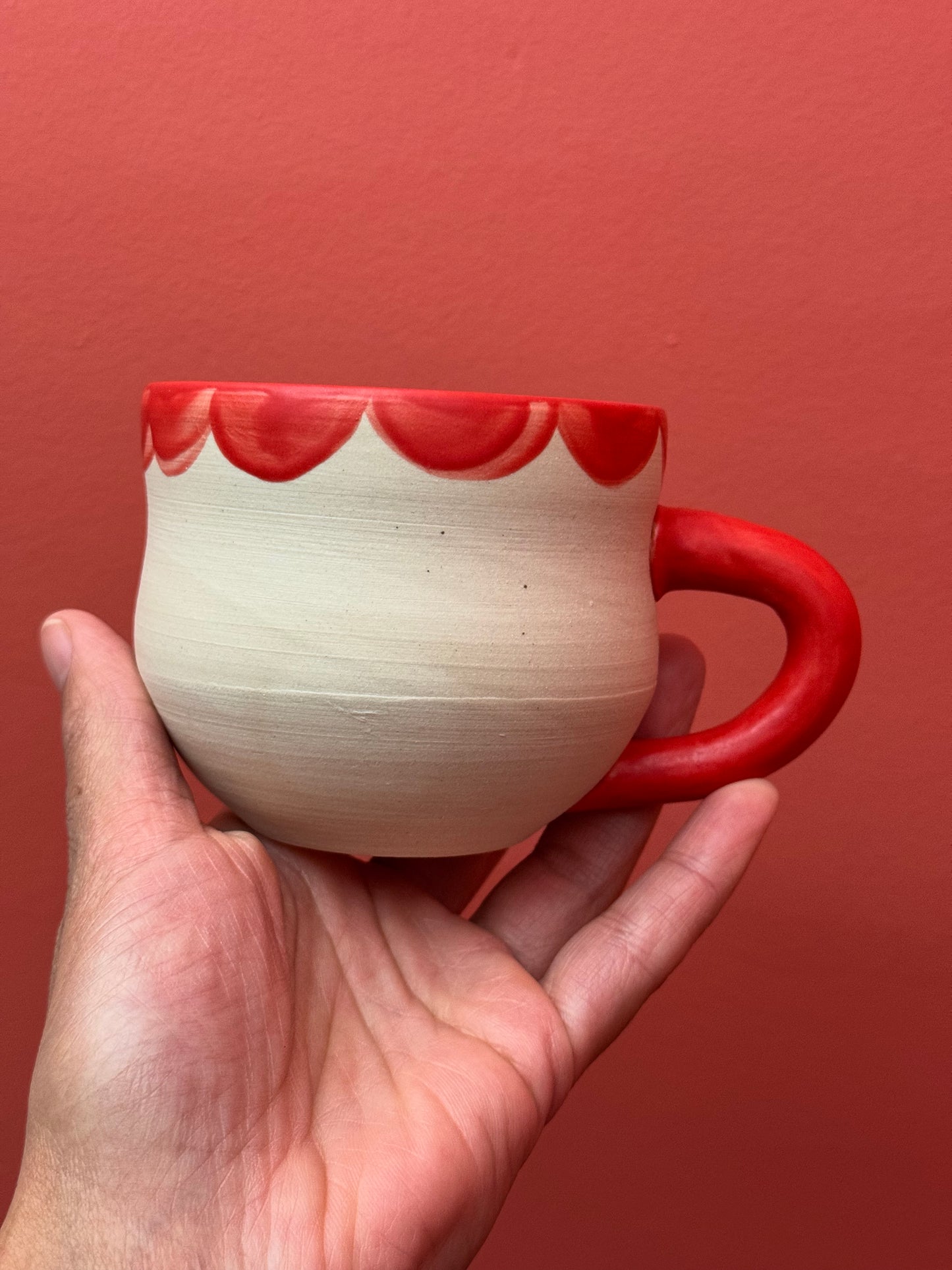 White mug with Neon Red Inside Handle and Petal Colar