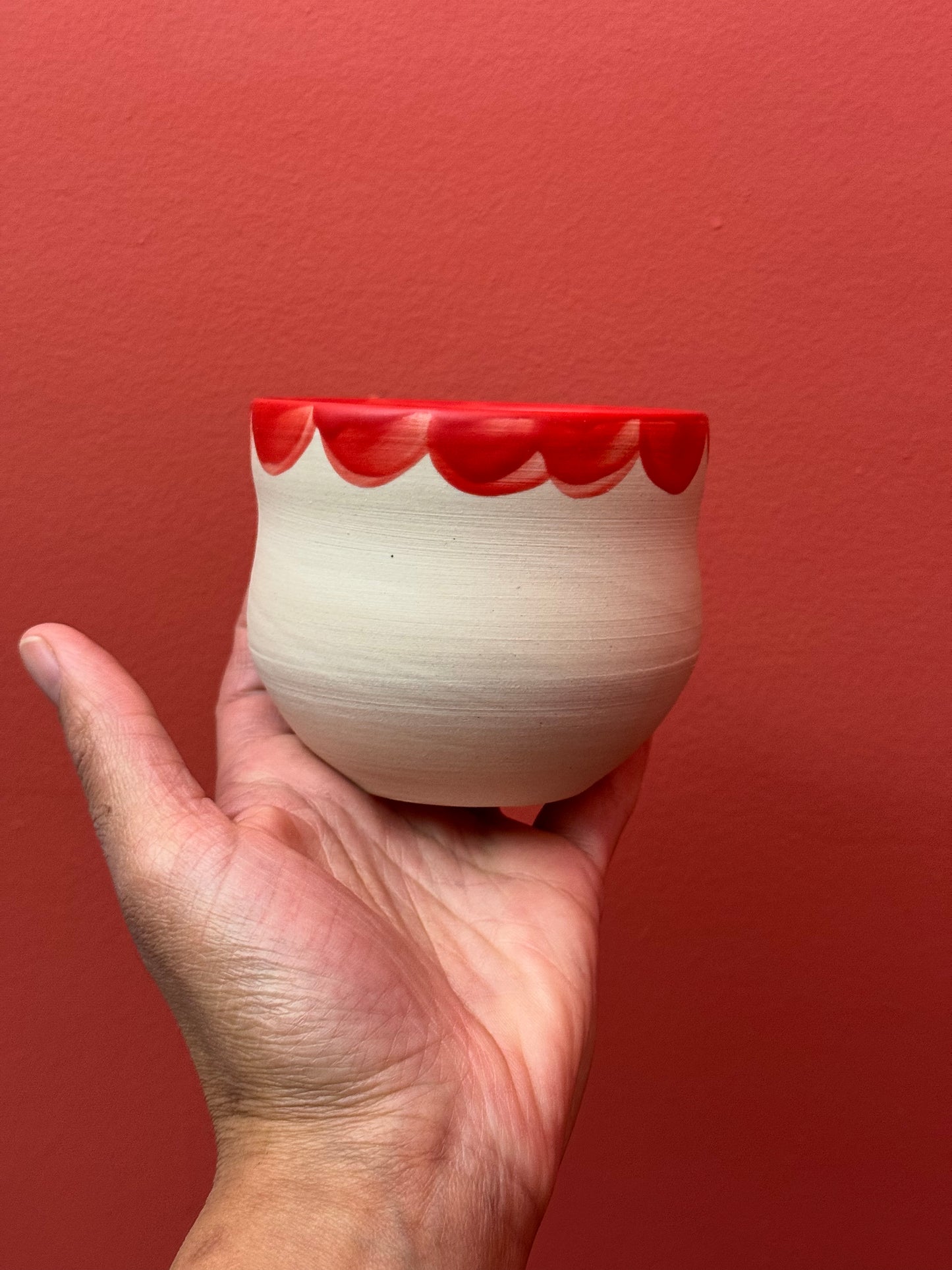 White mug with Neon Red Inside Handle and Petal Colar