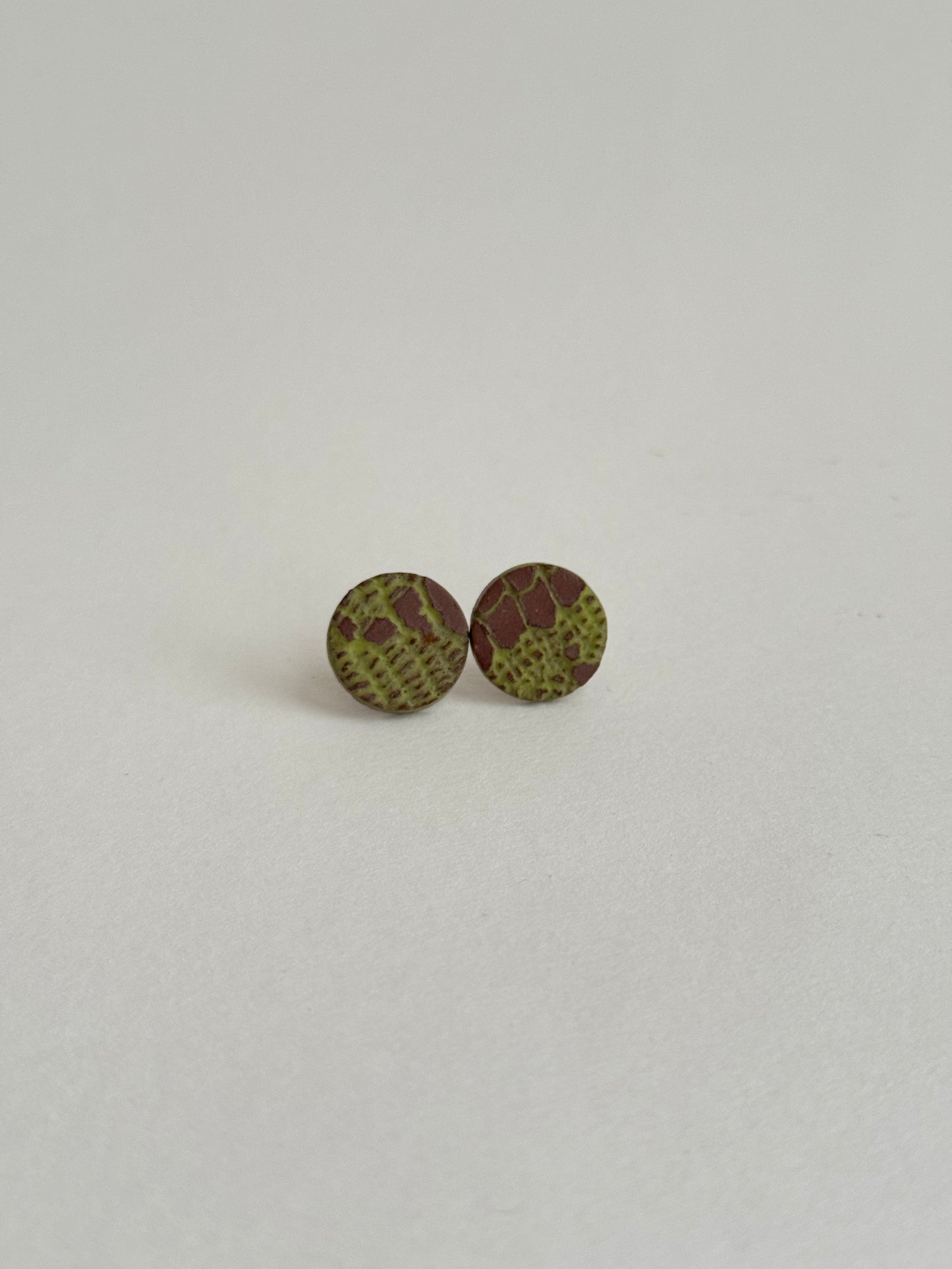 Deep Red Clay Stud Earrings with Bright Green Lace