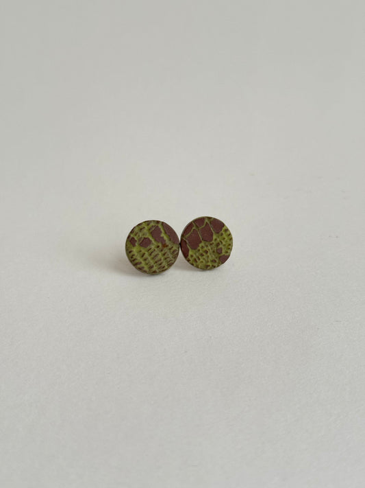Deep Red Clay Stud Earrings with Bright Green Lace