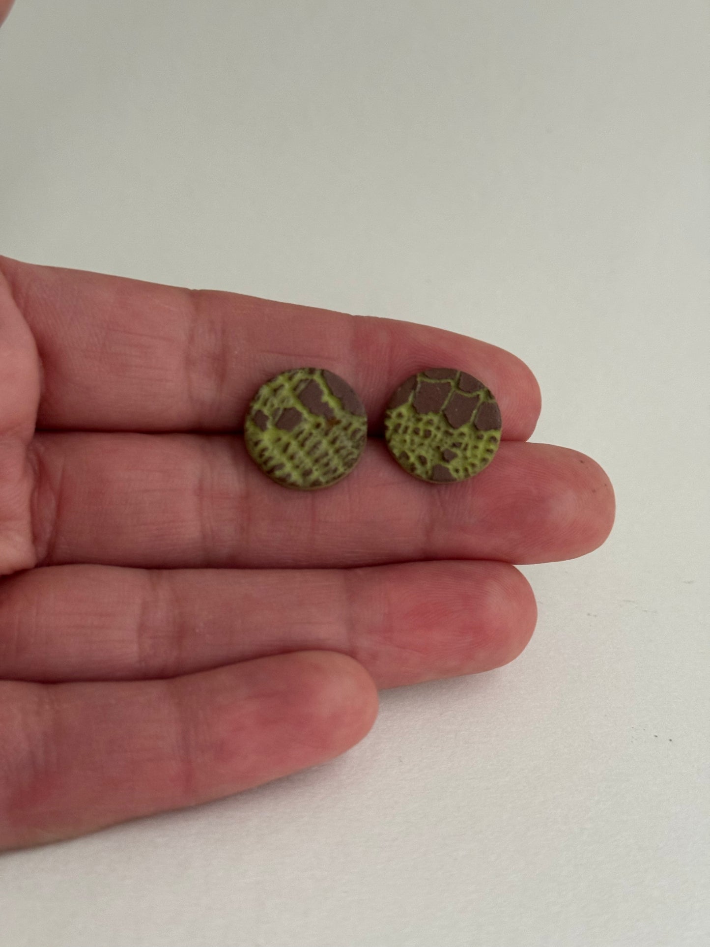 Deep Red Clay Stud Earrings with Bright Green Lace