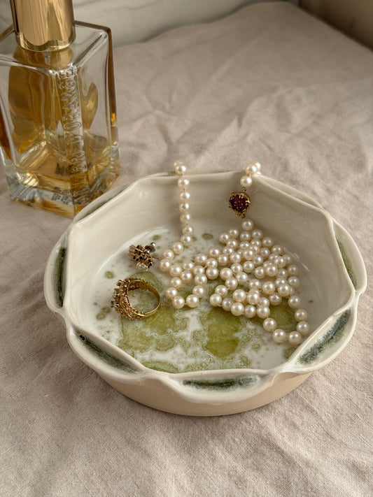 Hand Thrown White and Green Jewlery Dish with Scalloped Edge