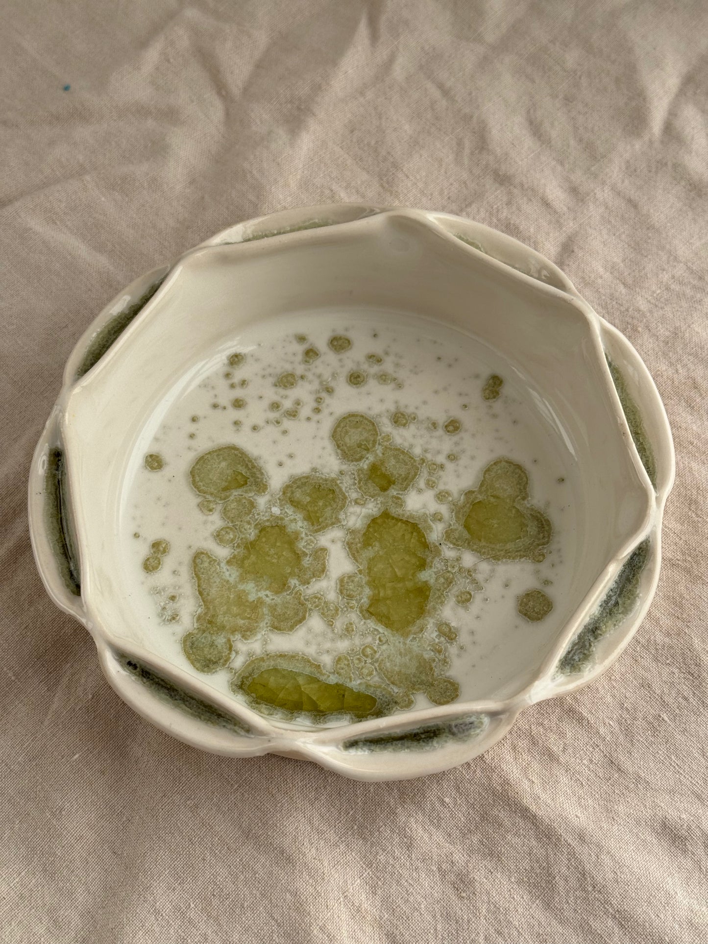 Hand Thrown White and Green Jewlery Dish with Scalloped Edge