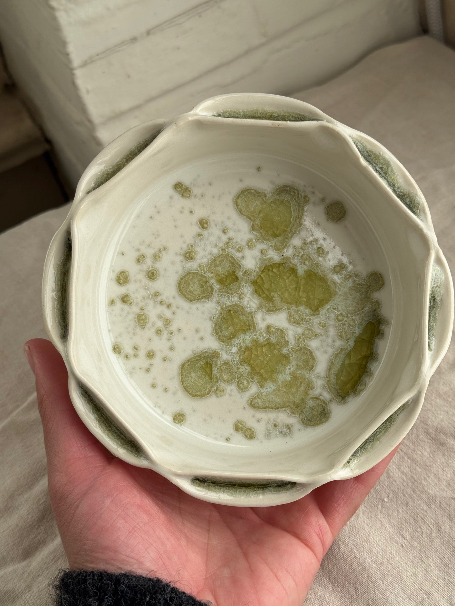 Hand Thrown White and Green Jewlery Dish with Scalloped Edge