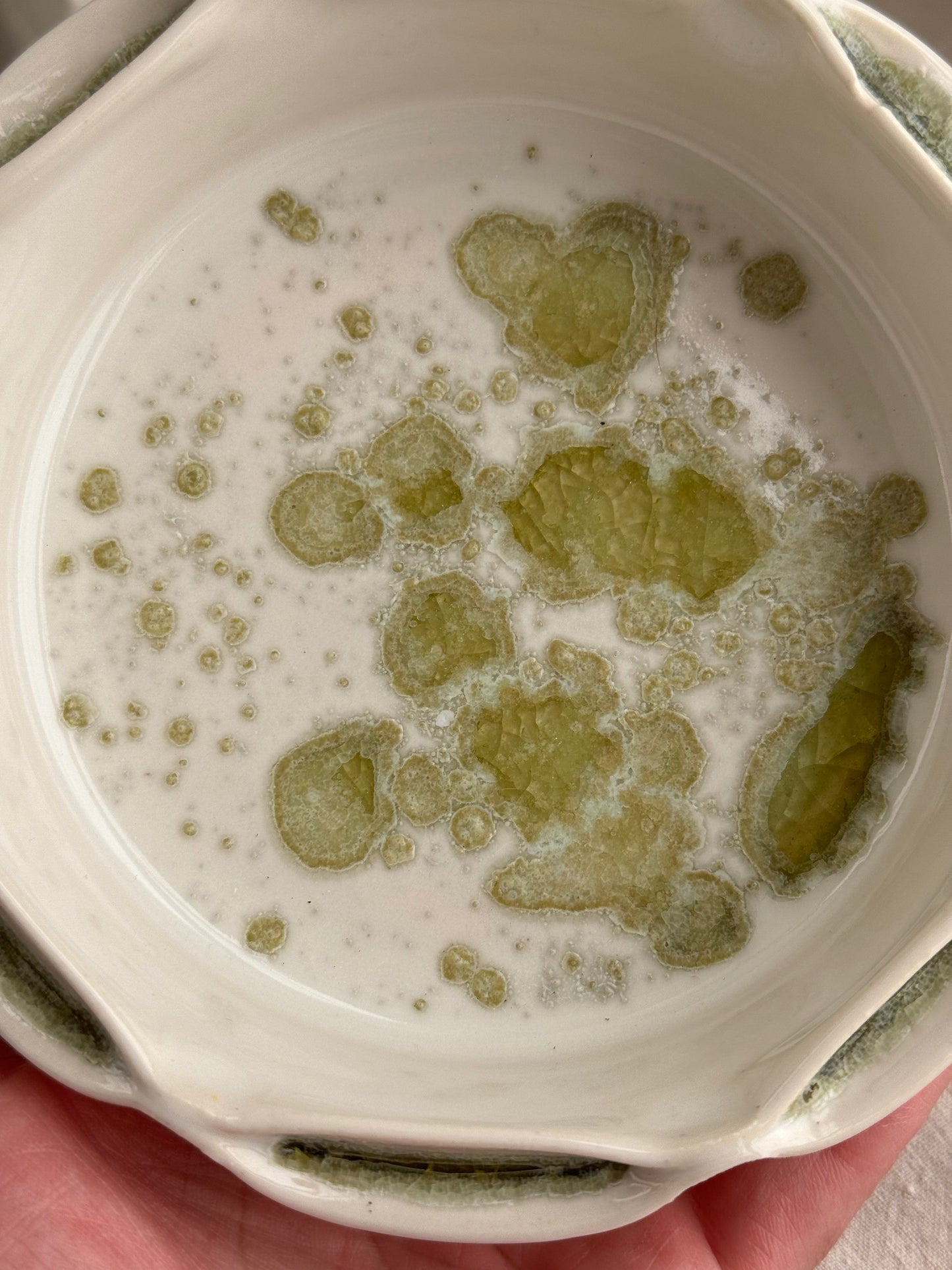Hand Thrown White and Green Jewlery Dish with Scalloped Edge