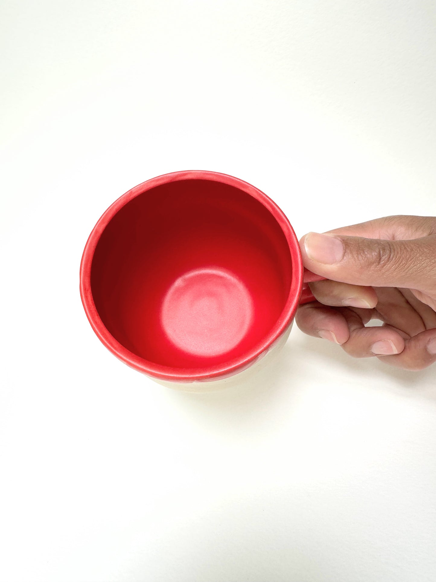 White mug with Neon Red Inside Handle and Petal Colar