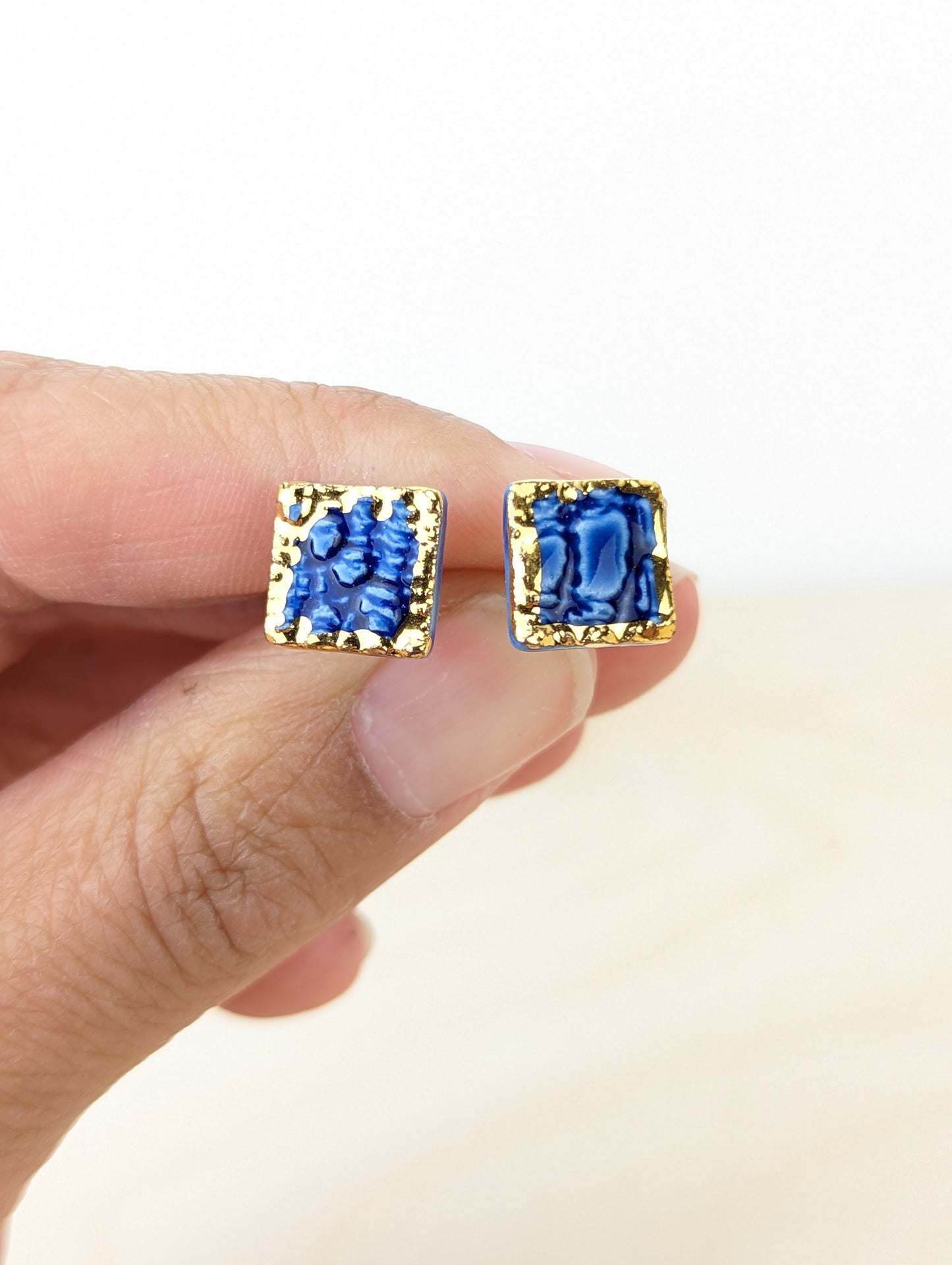 Blue and Gold Square Lace Studs