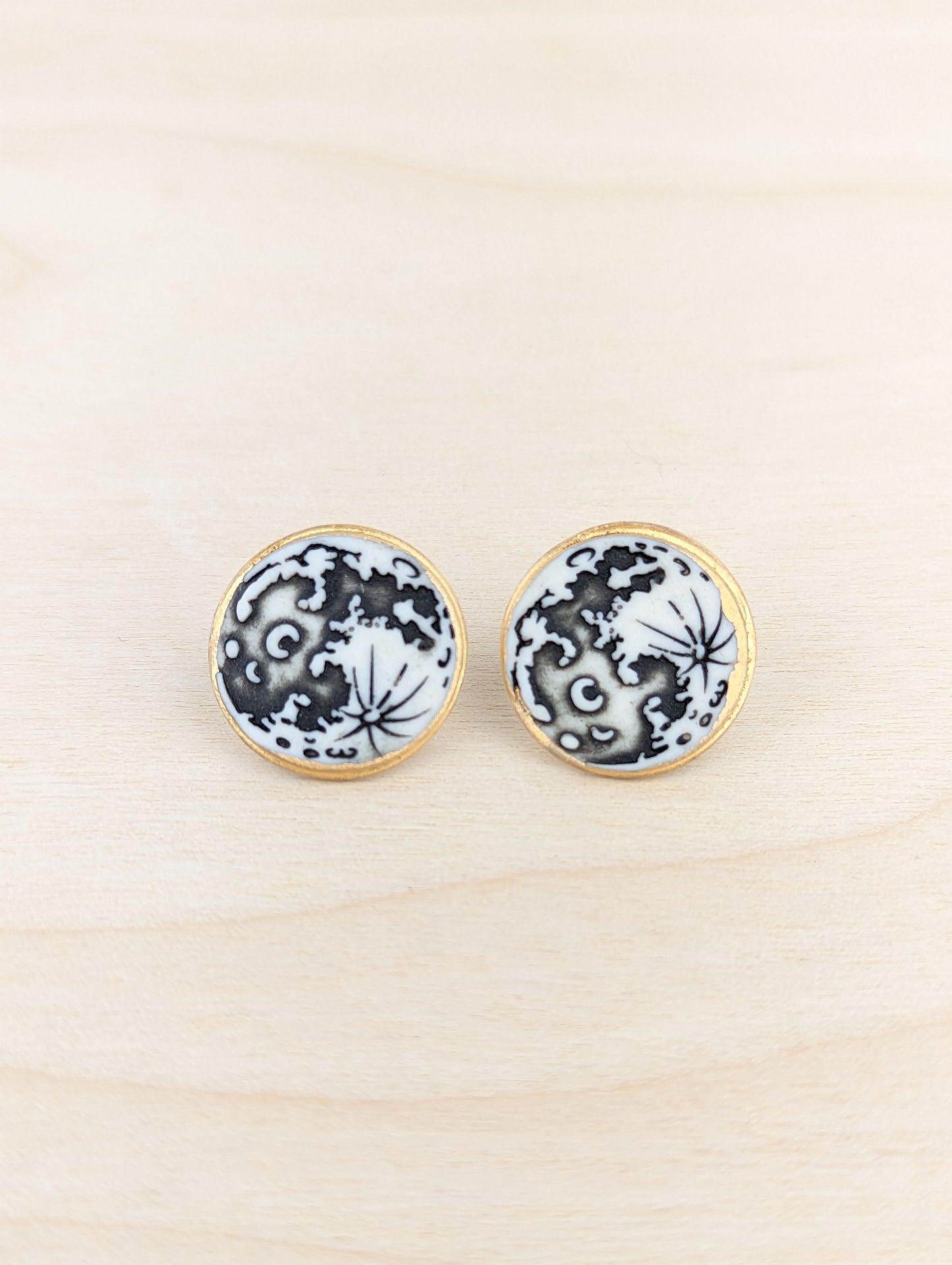 Matte Black and White Full Moon Studs with Gold Rim