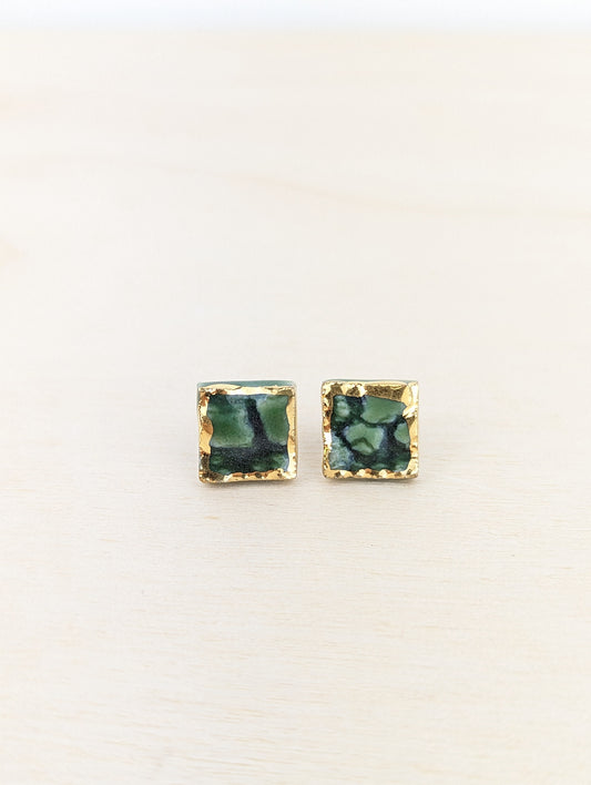 Forrest Green and Gold Square Lace Studs