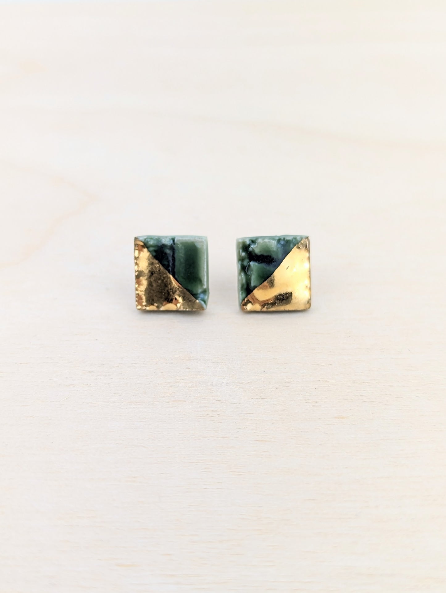 Forrest Green and Gold Dipped Square Lace Studs