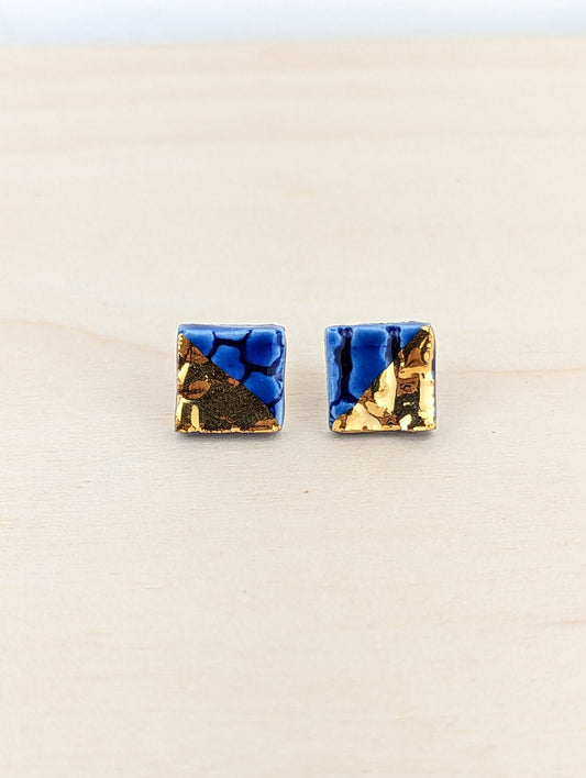 Blue and Gold Dipped Square Lace Studs