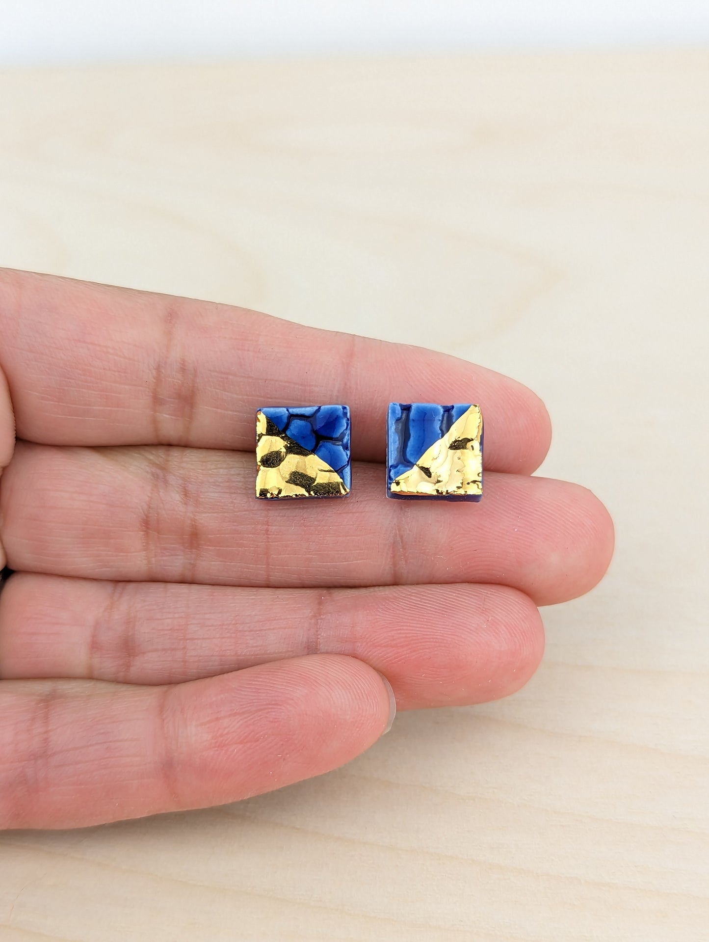 Blue and Gold Dipped Square Lace Studs