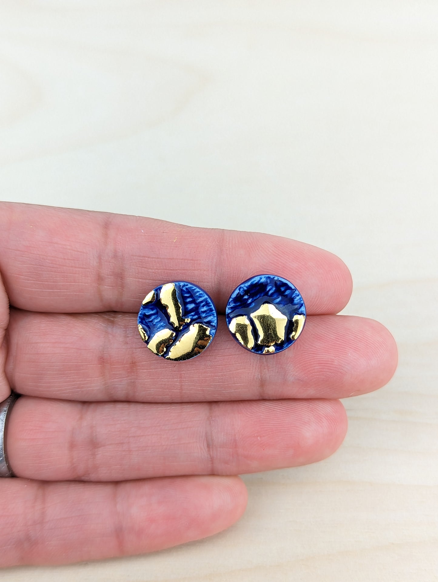 Round Blue Lace Studs with Gold Accents
