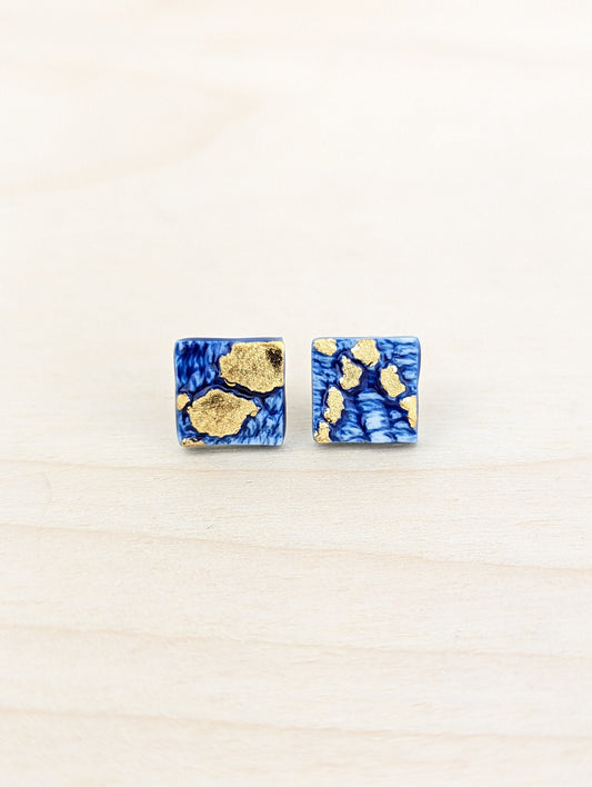 Square Blue Lace Studs with Gold Accents