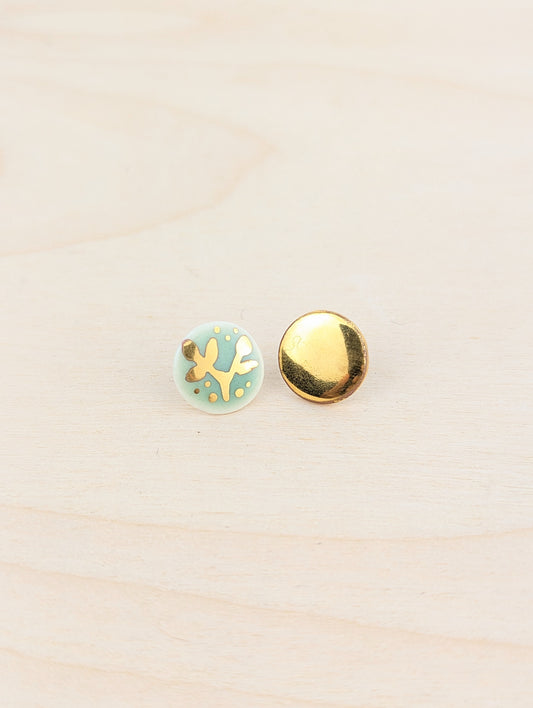 Asymetrical Green and Gold Floral Studs