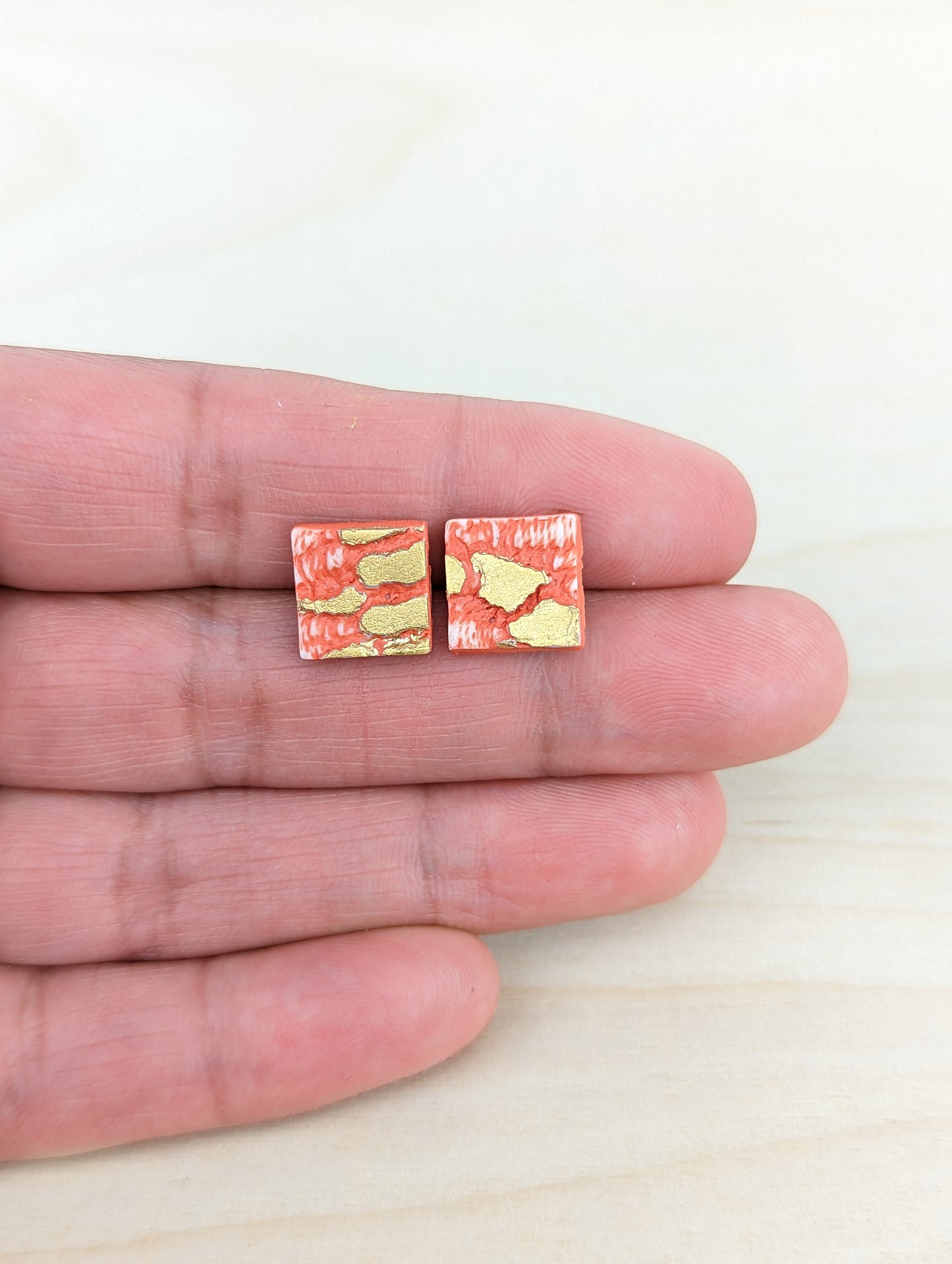 Square Neon Red Lace Studs with Gold Accents