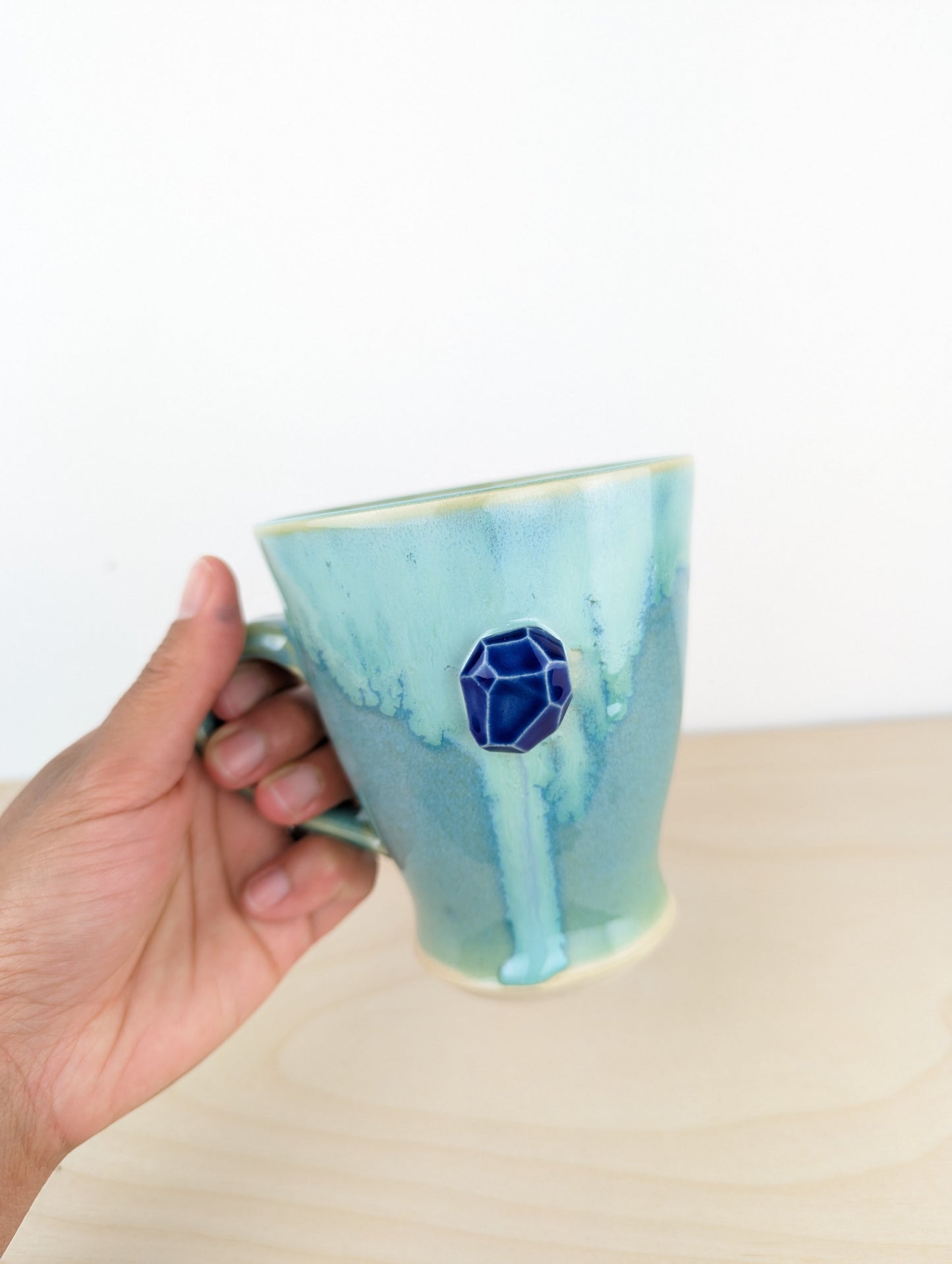 Aqua Mug with Cobalt Blue Carved Crystal
